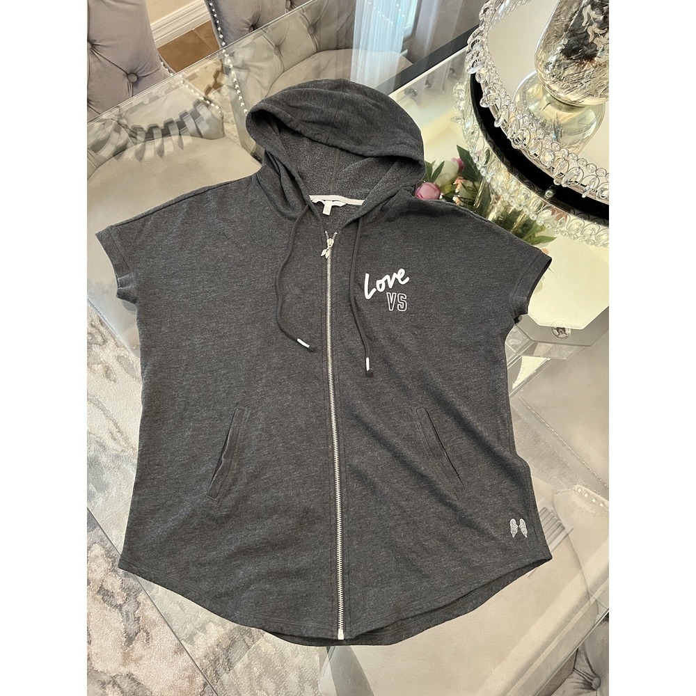 Victoria's‎ Secret Love VS Gray Short Sleeve Full Zip Hoodie Sweatshirt Small